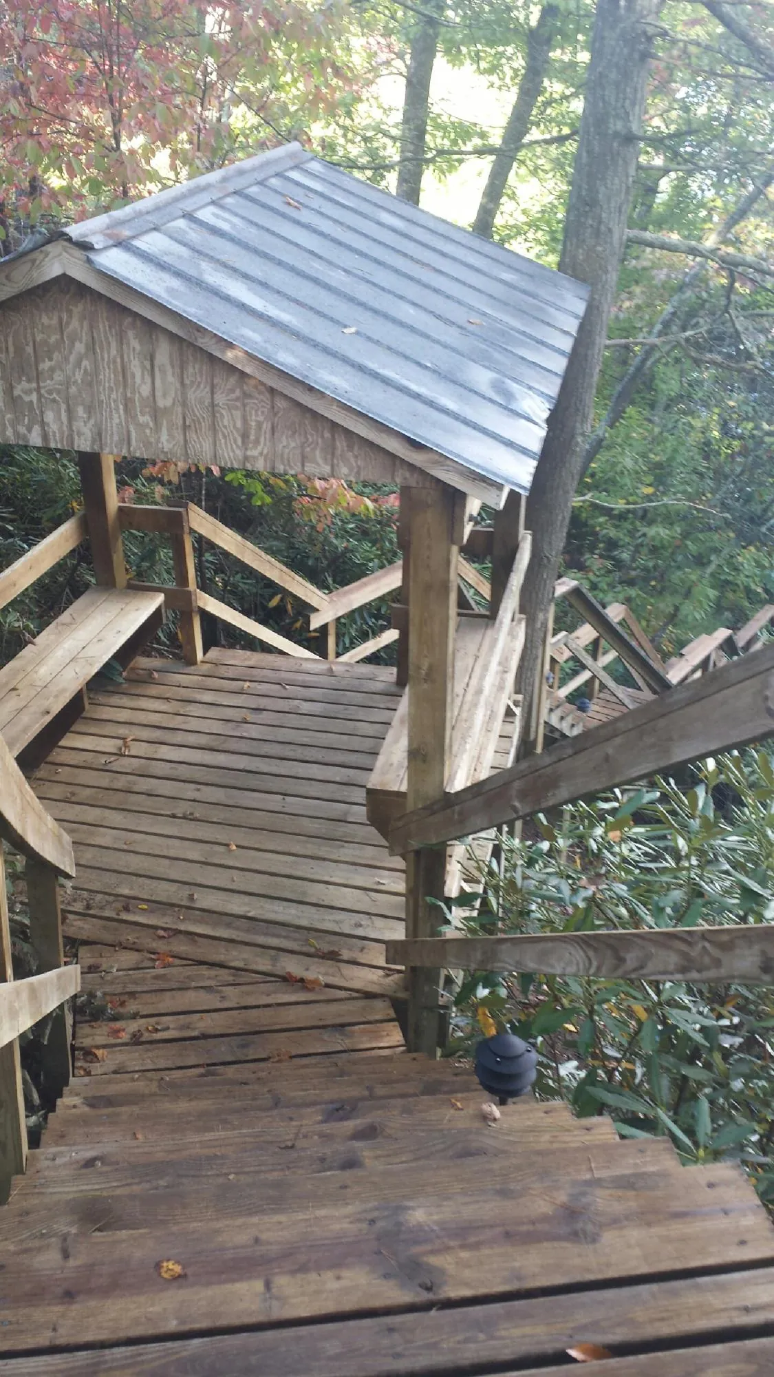Metal roofed shelter over wooden steps on a wooded walkway — Skylight Repair & Installation work by our crew in Gonvick